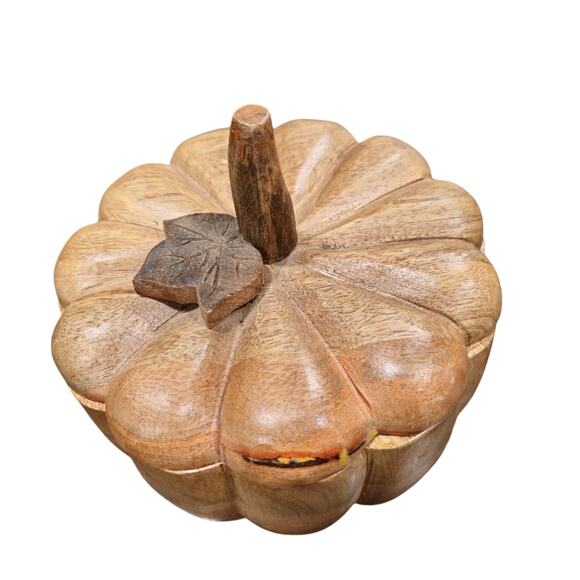 Wooden Pumpkin carved with lid 4.5 " Candy Dish Brown - Picture 4 of 6
